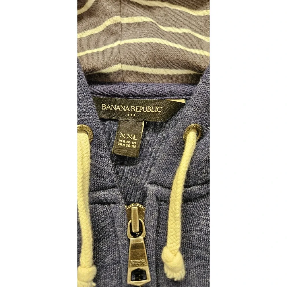 Banana Republic Mens XXL Blue Heather Full Zip Hoodie Sweatshirt Striped Hood